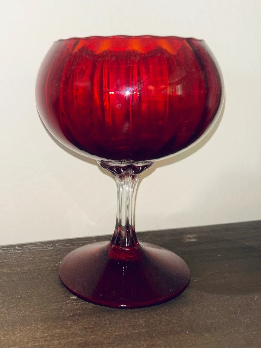 Vintage Italian Empoli Optic Ruby Red Glass Pedestal Compote Or Balloon Vase MCM